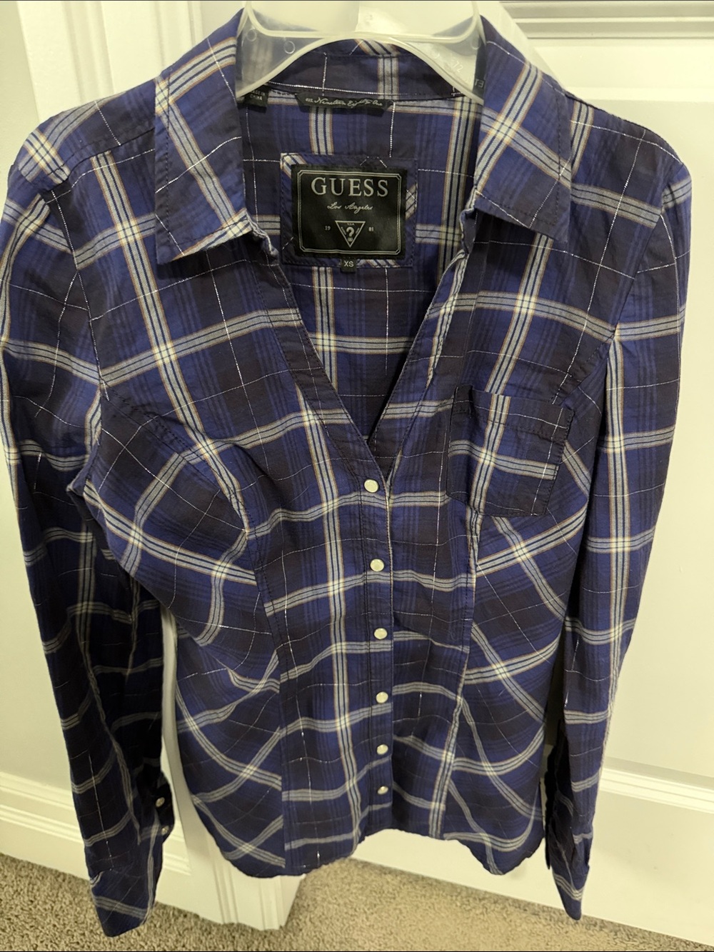 GUESS Men's Navy and White Plaid Button-Down Shirt